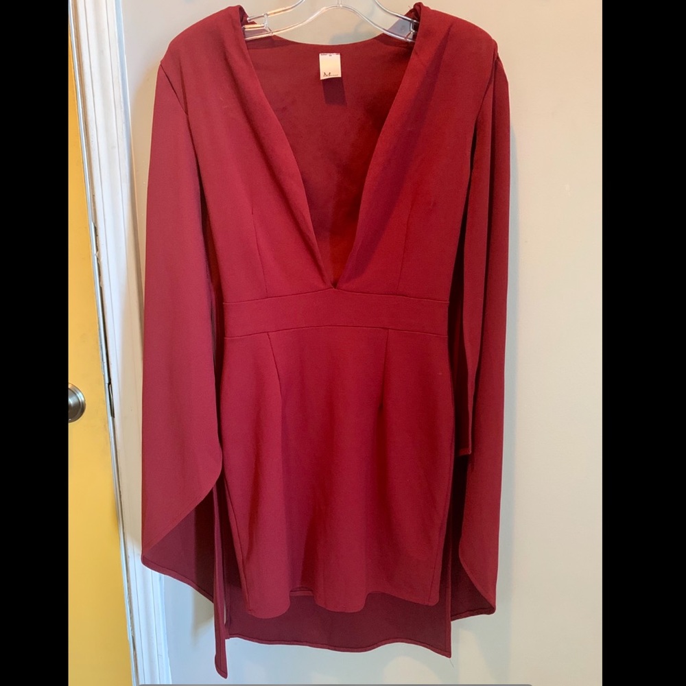 Sexy Wine midi fitted cape sleeve dress with cape